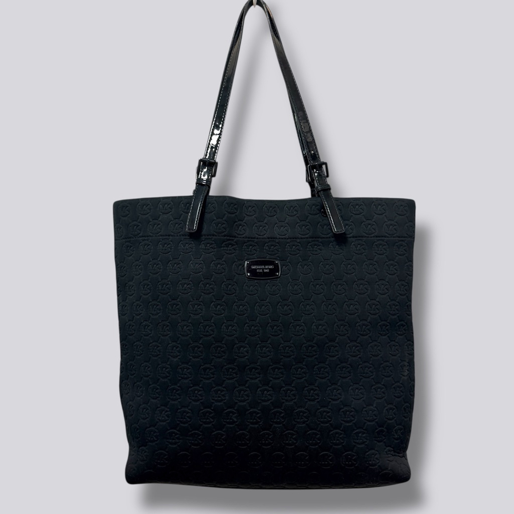 Michael Kors MK Logo Tote Black Embossed Signature Fabric Shoulder Bag